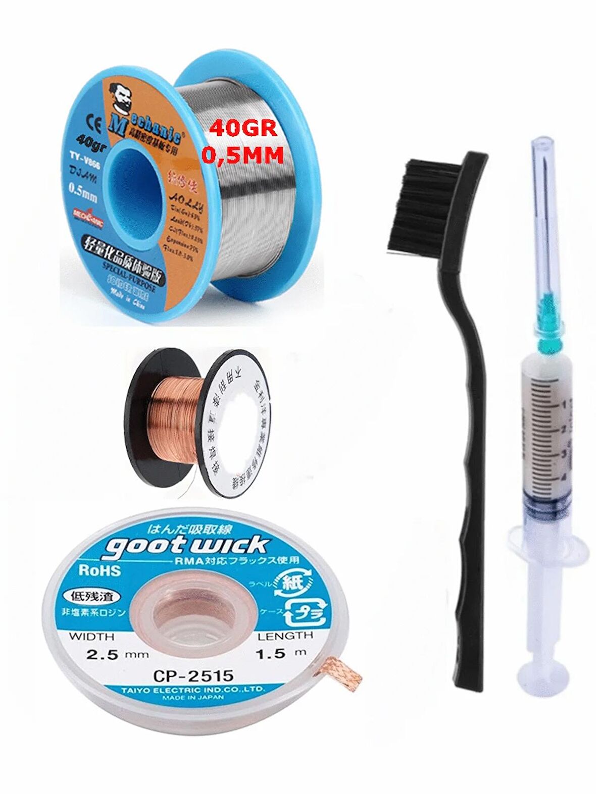 MECHANİC Soldering 63SN/37PB Lehim Teli 005MM 40Gr Ve Flux Lehim Toplama Ve CP 2515 Emme Teli 5in1 Set