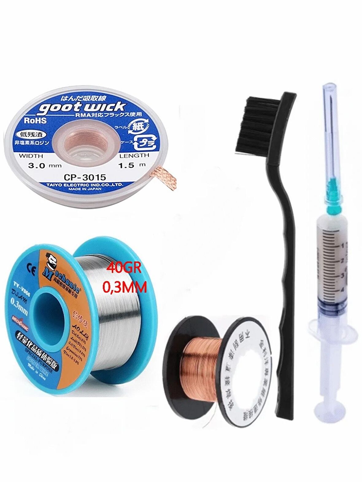 MECHANİC Soldering 63SN/37PB Lehim Teli 03MM 40Gr Ve Flux Lehim Toplama Ve CP 3015 Emme Teli 5in1 Set