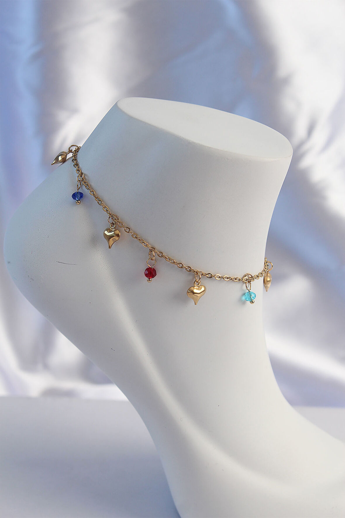 316L Çelik Gold Renk Minimal Kalp Model Renkli Zirkon Taşlı Halhal alithestereo