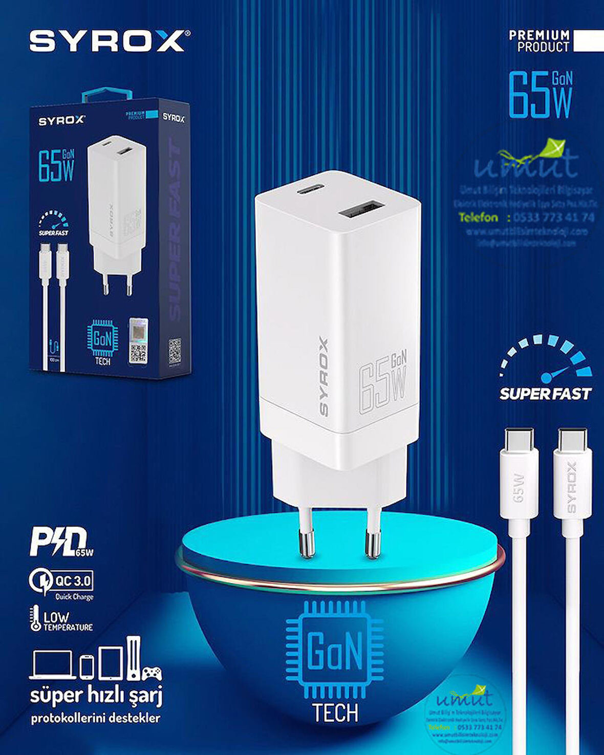 Syrox Type-C 65 Watt Hızlı Şarj Aleti Beyaz