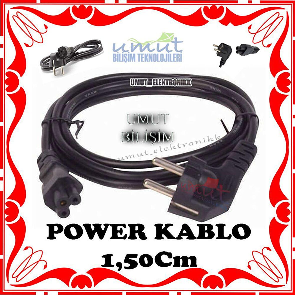 1.5Mt 1,5 METRE LAPTOP NOTEBOOK YONCA POWER güç ELEKTRİK CERYAN CEREYAN KABLOSU 220 VOLT PRİZ 
