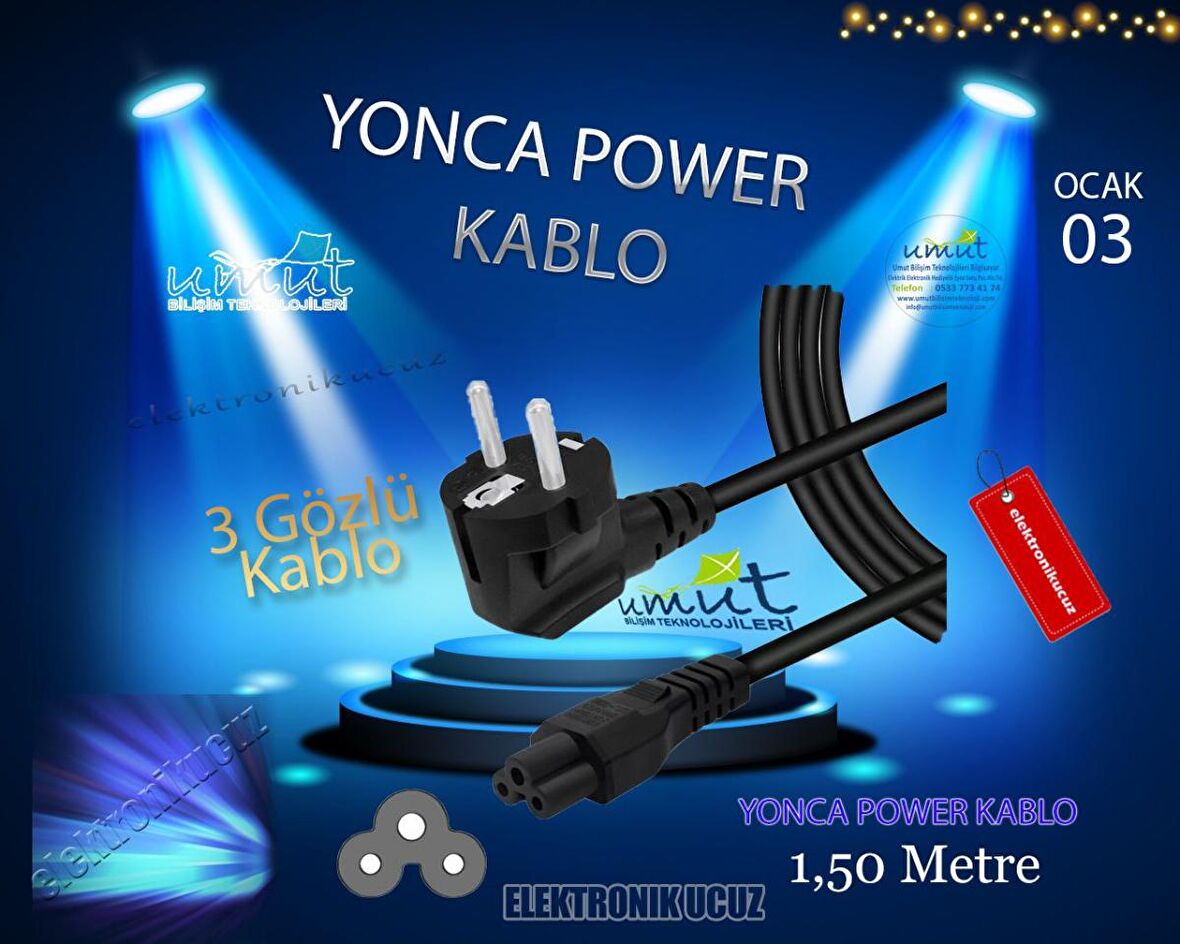 YONCA TİPLİ BİLGİSAYAR PC NOTEBOOK LAPTOP 3 LÜ ADAPTÖR KABLO POWER KABLO 220 V GÜÇ KABLOSU 1.5 METRE 