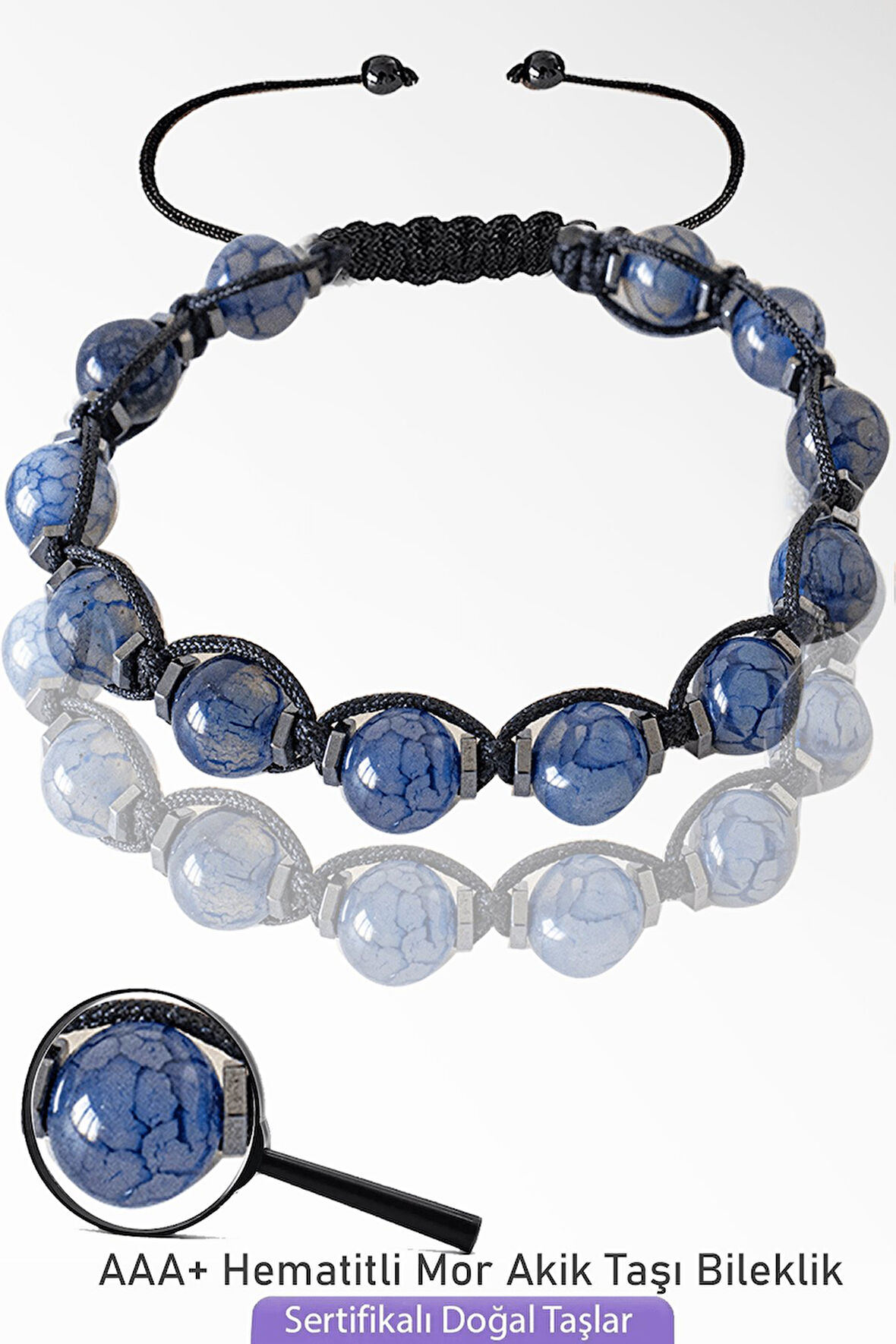 Sertifikalı Makrome Mor Akik Taşı Bileklik - Ayarlamalı