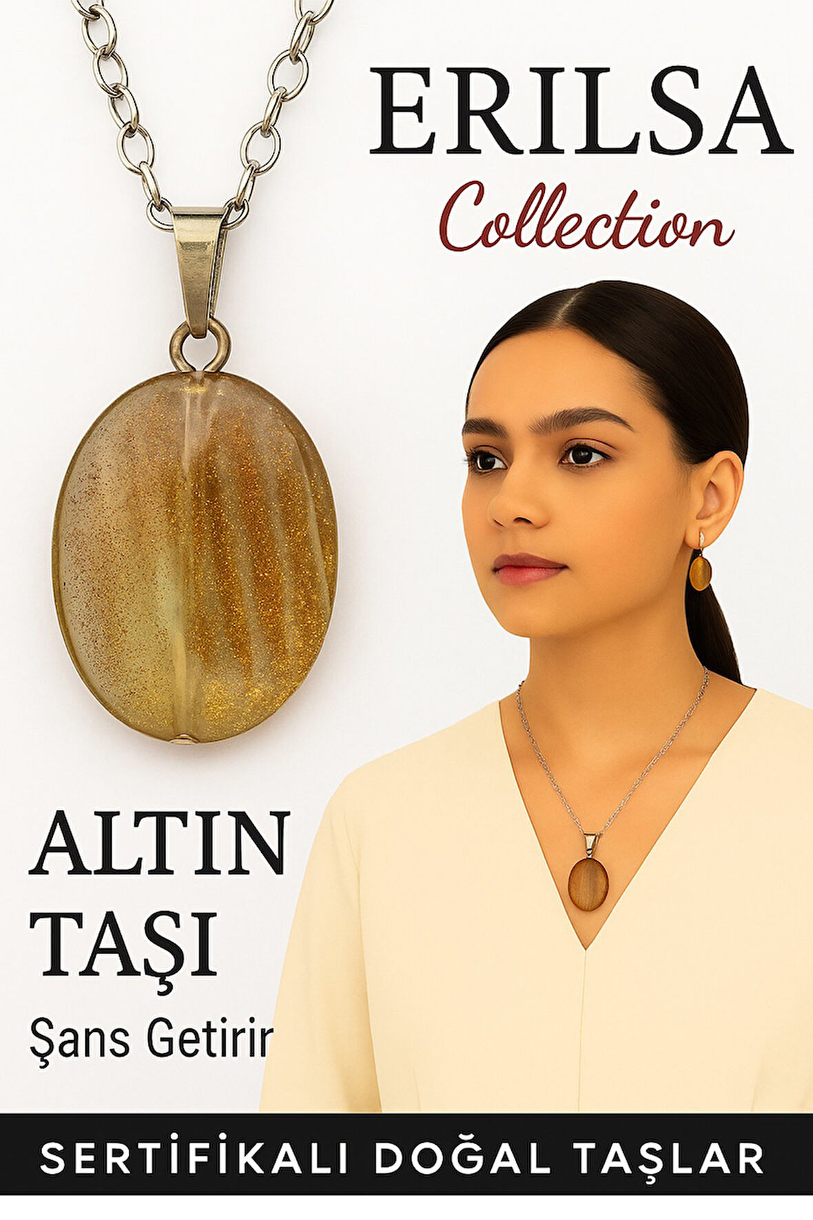 Sertifikalı Oval Model Altın Taşı Kolye (Gold Stone) – Işıltılı Enerji, Cesaret ve Hedef Odaklılık