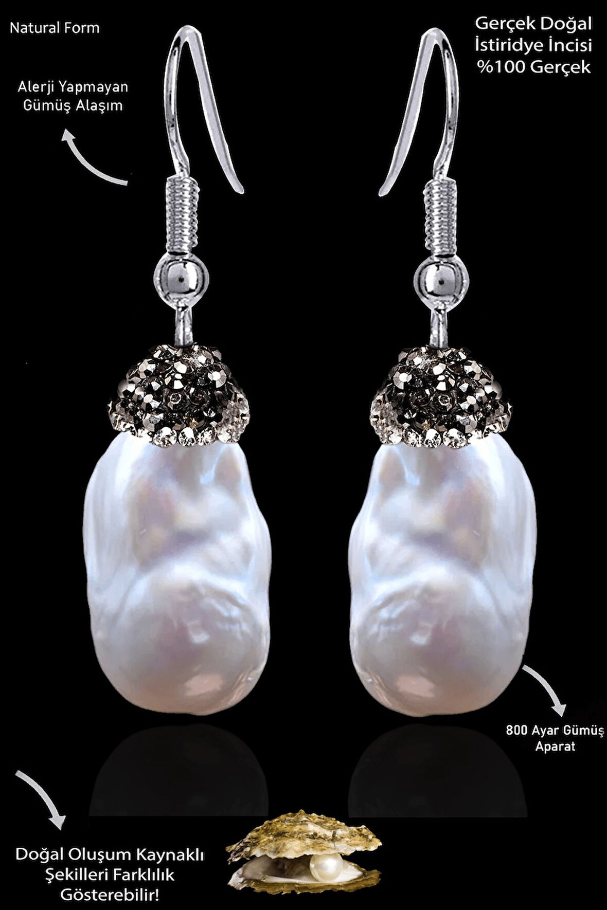 Sertifikalı Zirkon Taşlı Model Ham Doğal Barok Inci Küpe - İstiridye İncisi