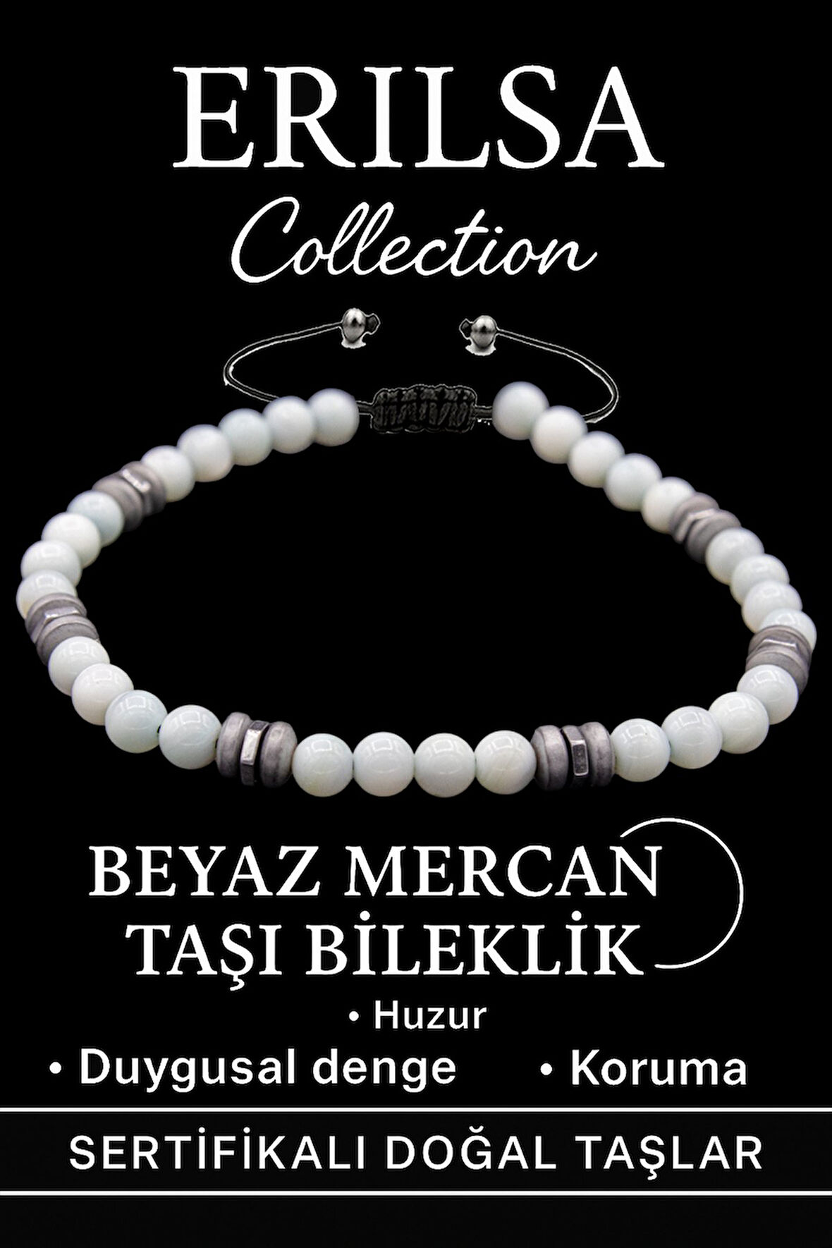 Ürün Adı: Sertifikalı Fasetli AAA+ Terahertz ve Beyaz Mercan Taşı Bileklik – İnce Model Duygusal Şifa
