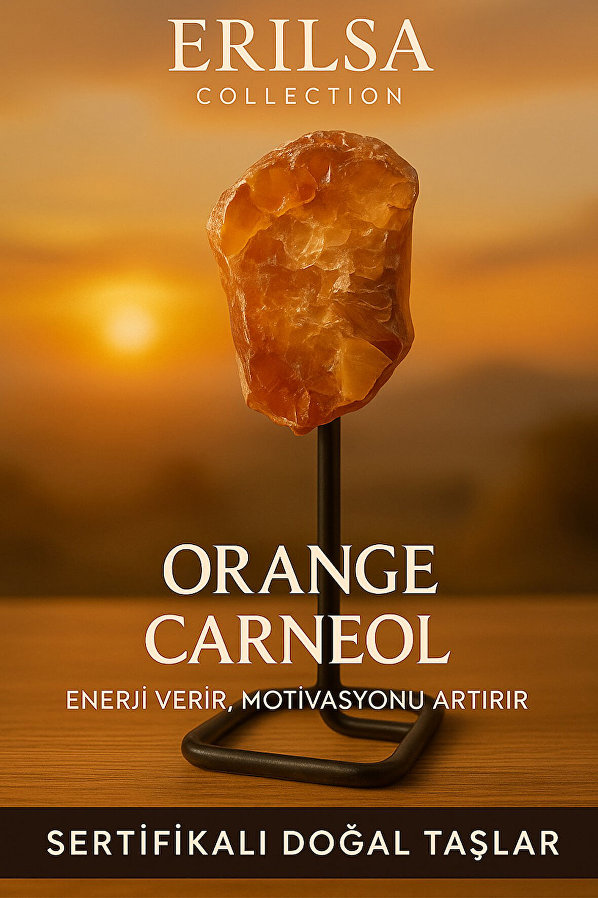 Sertifikalı Doğal Ham Turuncu Karnelyan Akik Taşı Standlı Obje – Yaşam Enerjisini Artırır