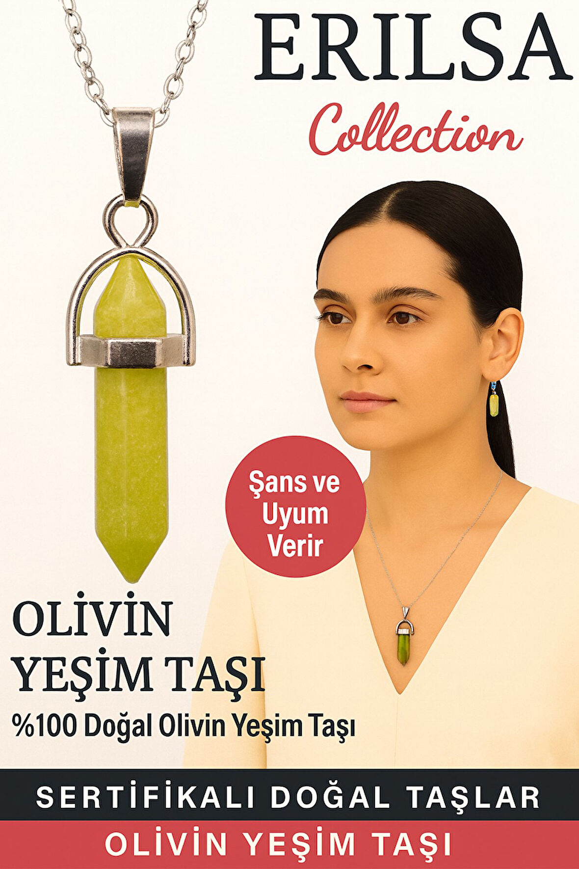 Sertifikalı Çivi Model Olivin Yeşim Doğal Taş Kolye – Şans ve Uyum Verir