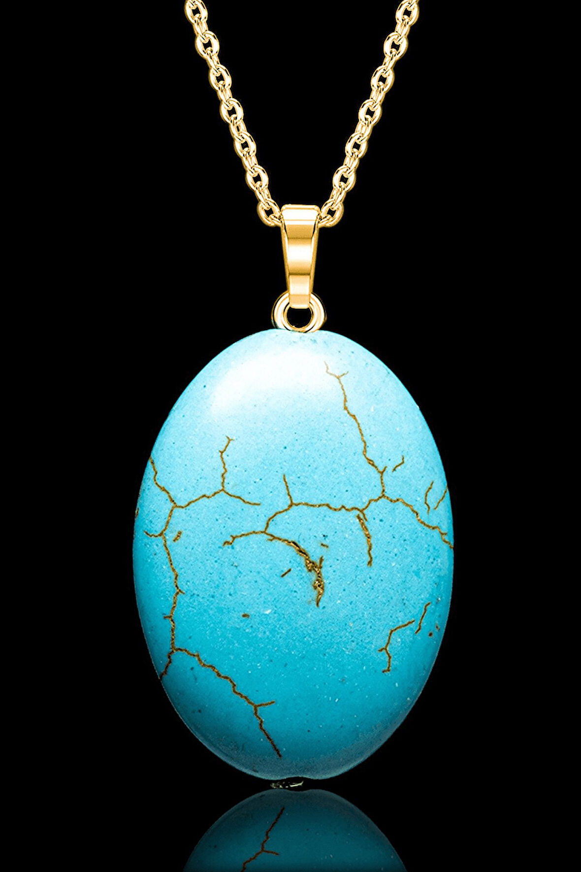 Sertifikalı Gold Oval Model Firuze Taşı Kolye (Turkuaz Taşı)