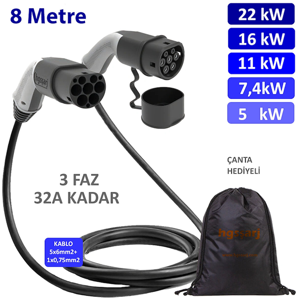 Hgsşarj 8 Metre, Elektrikli Araç Şarj Kablosu 22KW-11KW-7,4KW-3,7KW, 32A Kadar, TR-AB Tüm Tip 2 Araçlara Uyumlu