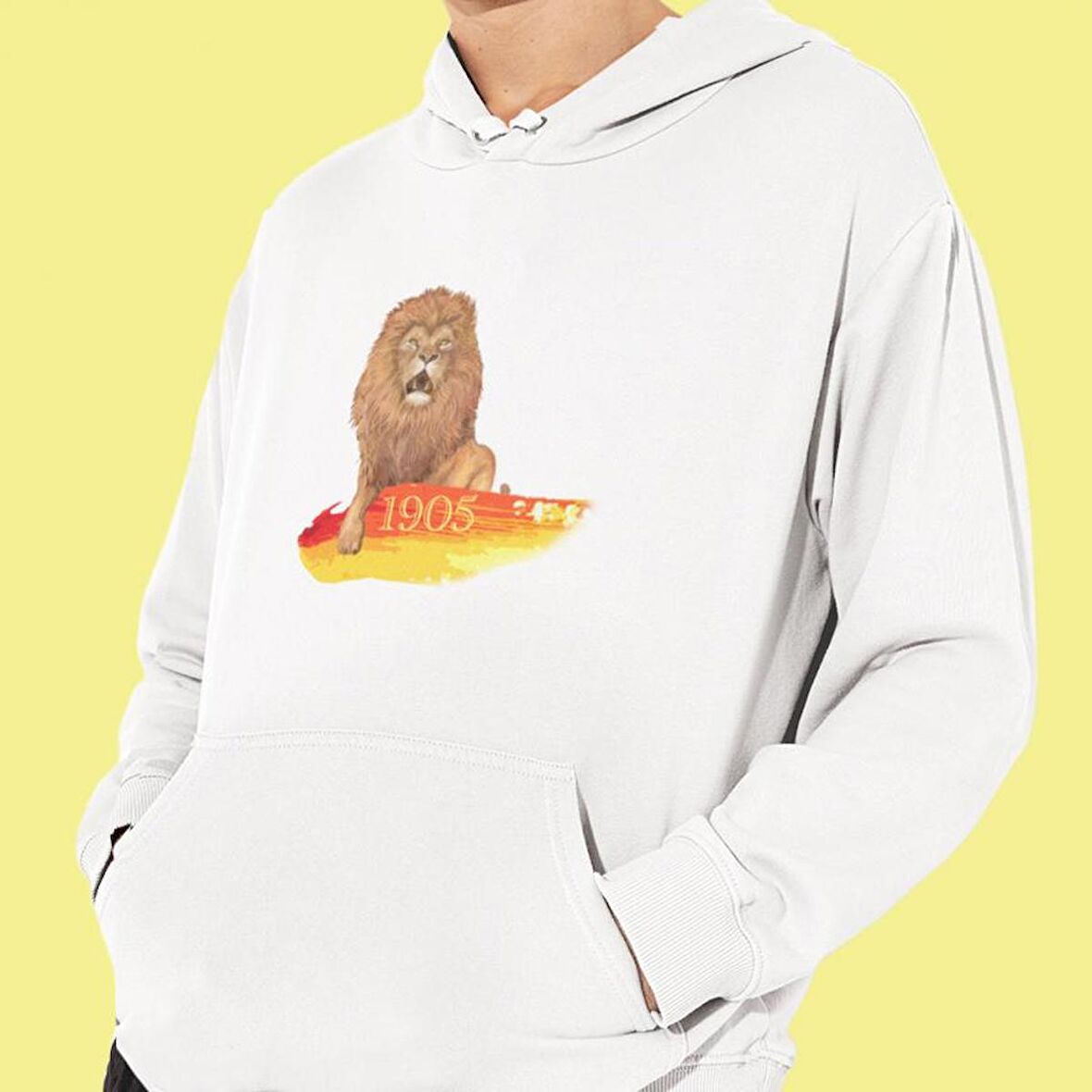 Aslan 1905 Baskılı Cepli, Kapşonlu Beyaz Unisex Sweatshirt HK2163