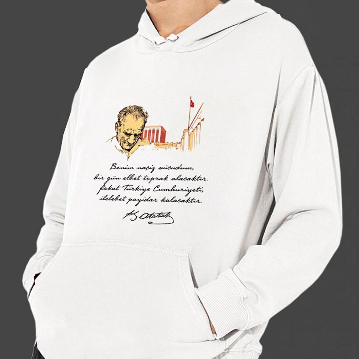 Atatürk Baskılı Cepli, Kapşonlu Beyaz Unisex Sweatshirt HK2290