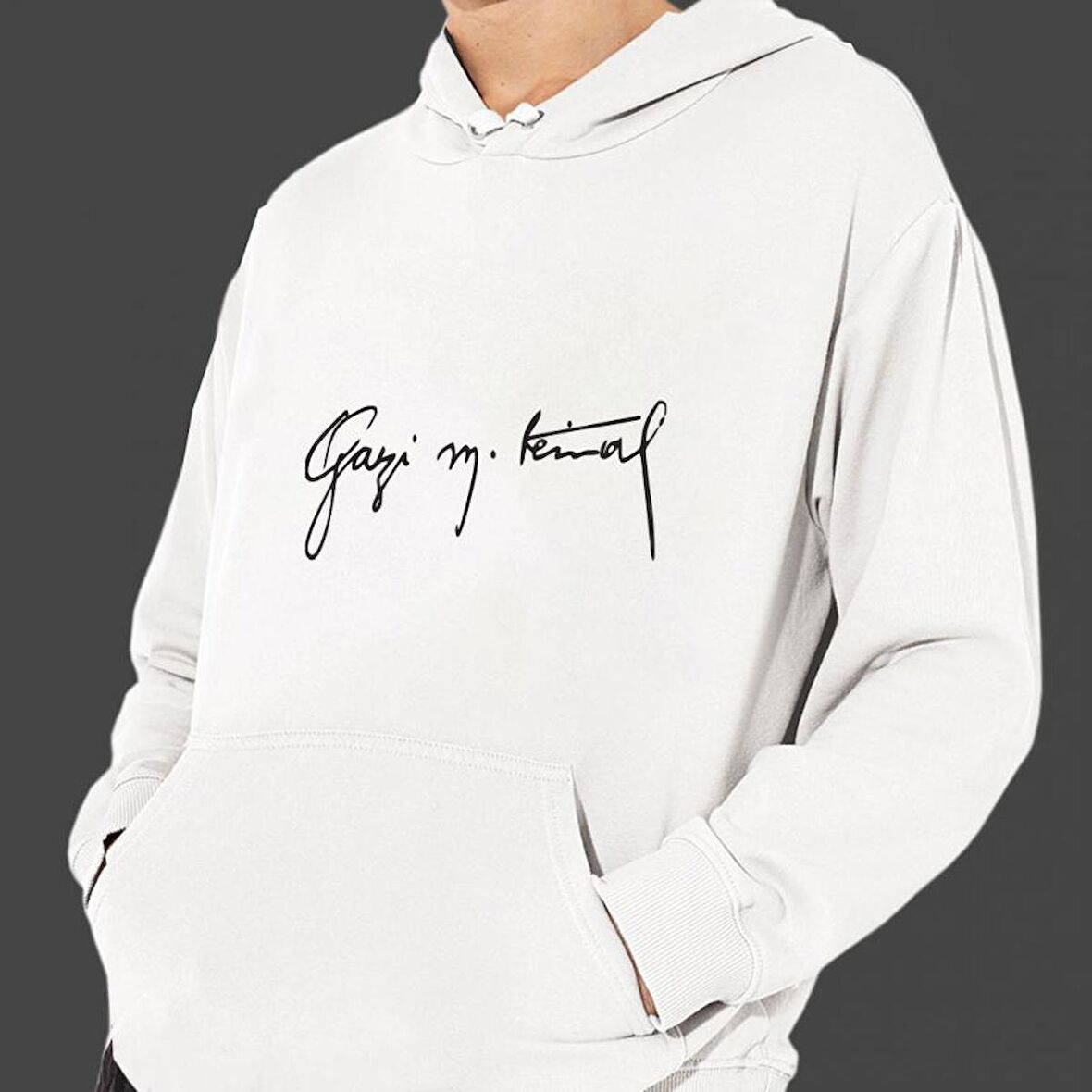 Gazi Mustafa Kemal Baskılı Cepli, Kapşonlu Beyaz Unisex Sweatshirt HK2294