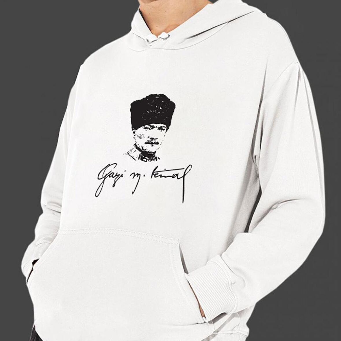 Atatürk Baskılı Cepli, Kapşonlu Beyaz Unisex Sweatshirt HK2296