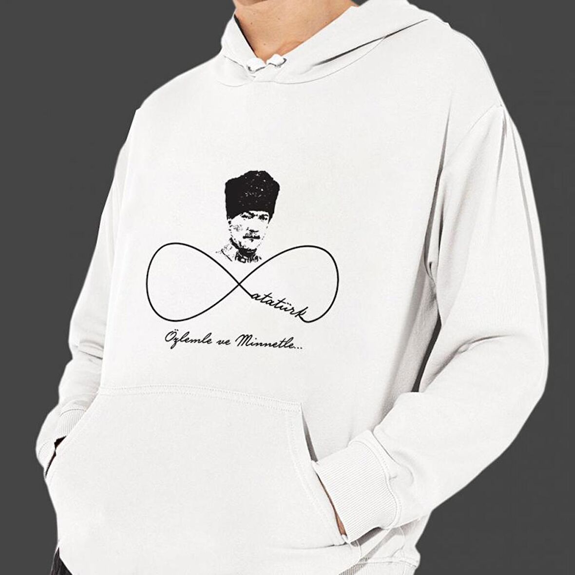 Atatürk Sonsuza Dek Baskılı Cepli, Kapşonlu Beyaz Unisex Sweatshirt HK2297