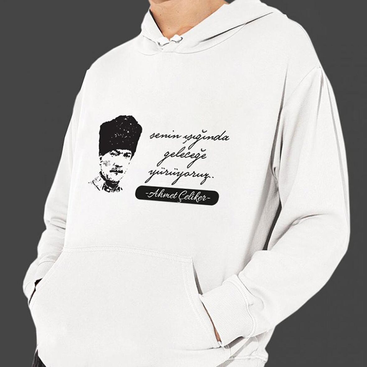 Kişiye Özel Atatürk Baskılı Cepli, Kapşonlu Beyaz Unisex Sweatshirt HK2300