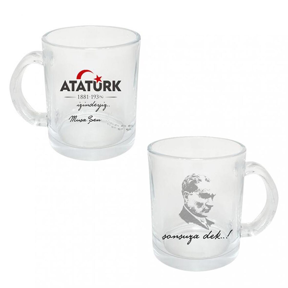 Kişiye Özel Atatürk ve Bayrak Baskılı Şeffaf Cam Kupa Bardak HK2312