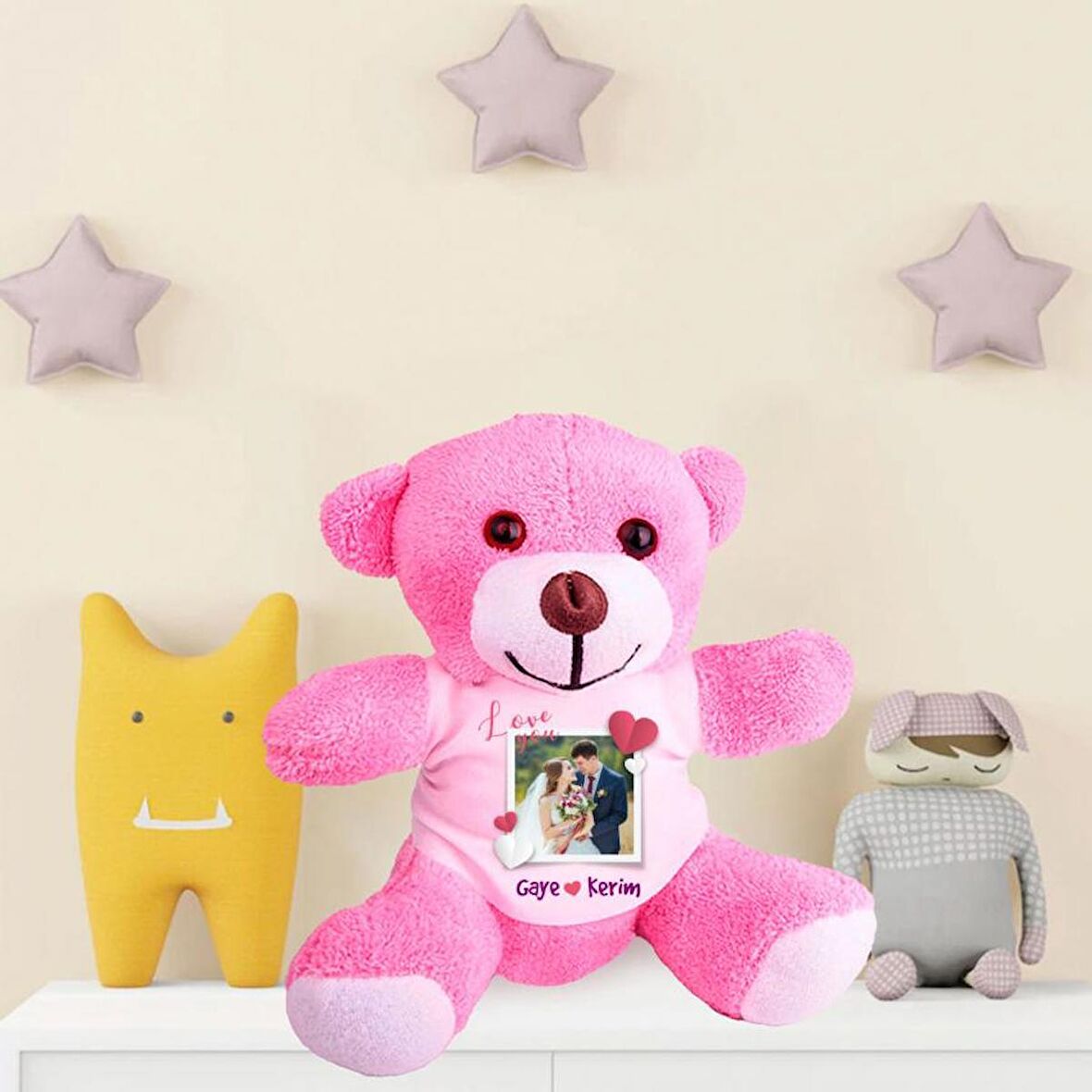 Kişiye Özel Fotoğraf Baskılı Peluş Pembe Ayı Love You HK2442