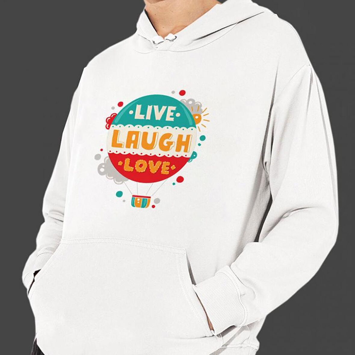 Sevgililer Gününe Özel Live Laughe Love Temalı Cepli, Kapşonlu Beyaz Unisex Sweatshirt HK2524