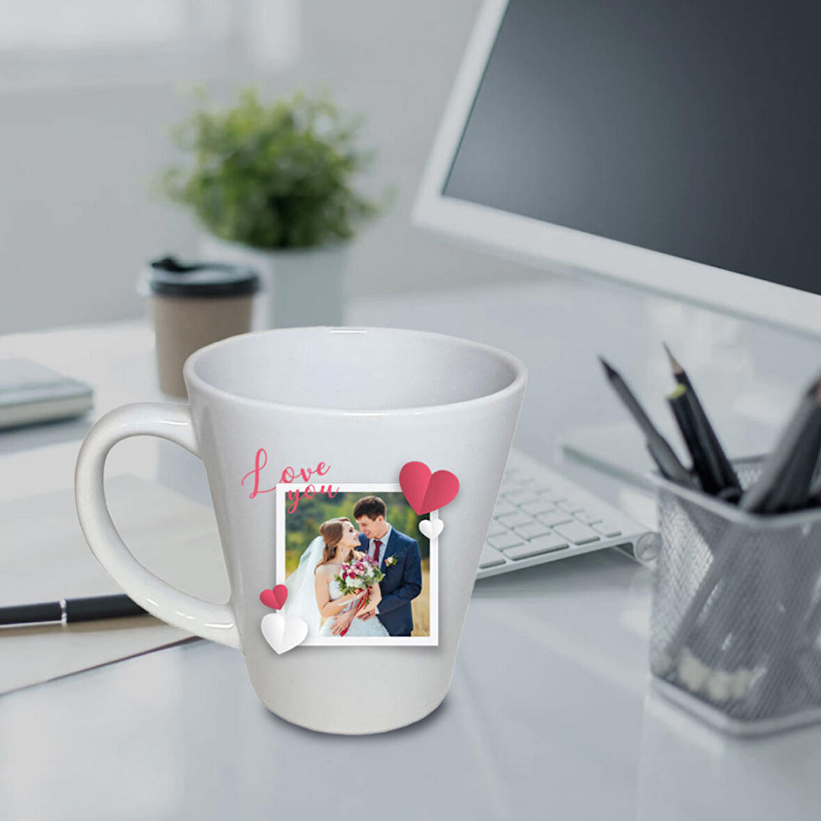 Kişiye Özel Fotoğraf ve İsim Baskılı Sevgili Love You Temalı Porselen Konik Beyaz Kupa HK2727