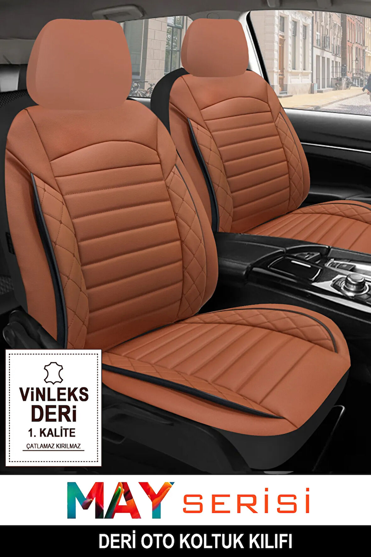 Lamborghini Grand Prix  Uyumlu 5 KOLTUK TAM SET MAY SERİSİ DERİ OTO KOLTUK KILIFI TERLETME YAPMAZ TABA