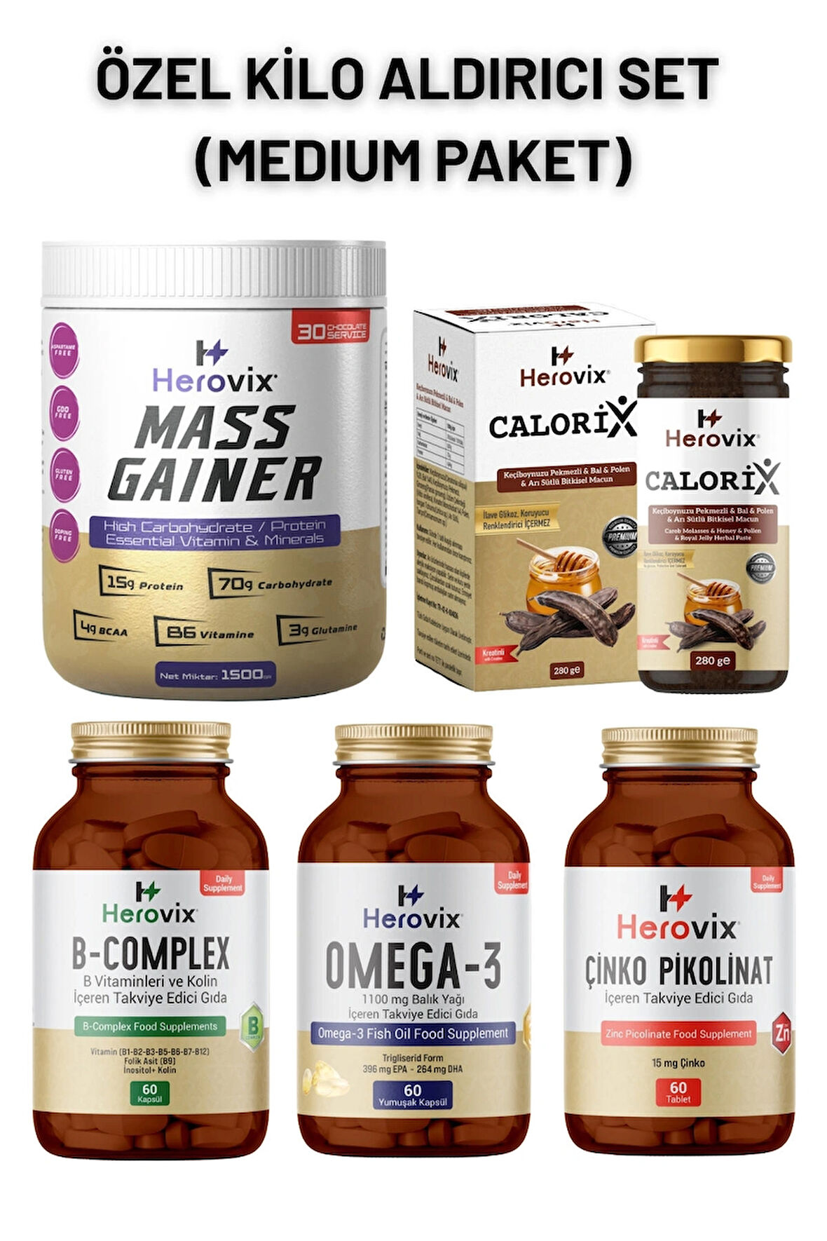 Özel Kilo Aldırıcı Set - Medium Paket ( Omega 3, B Complex, Çinko, Calorix, Gainer 1500gr)
