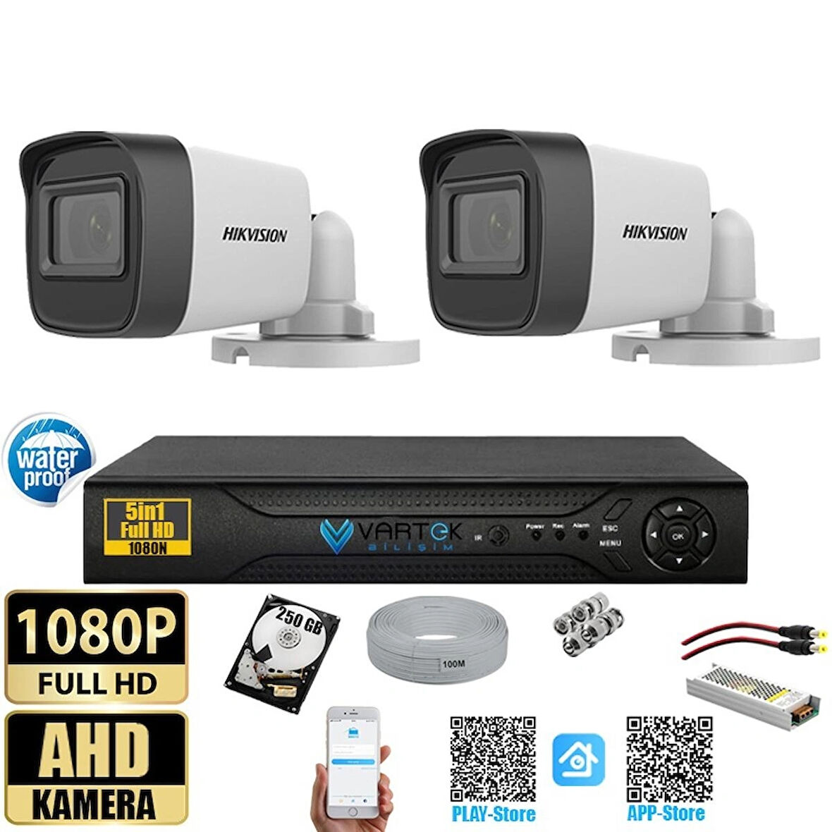 Hikvision 2 MP 2 Kameralı 250 GB HDD Tak Çalıştır  Kamera Seti