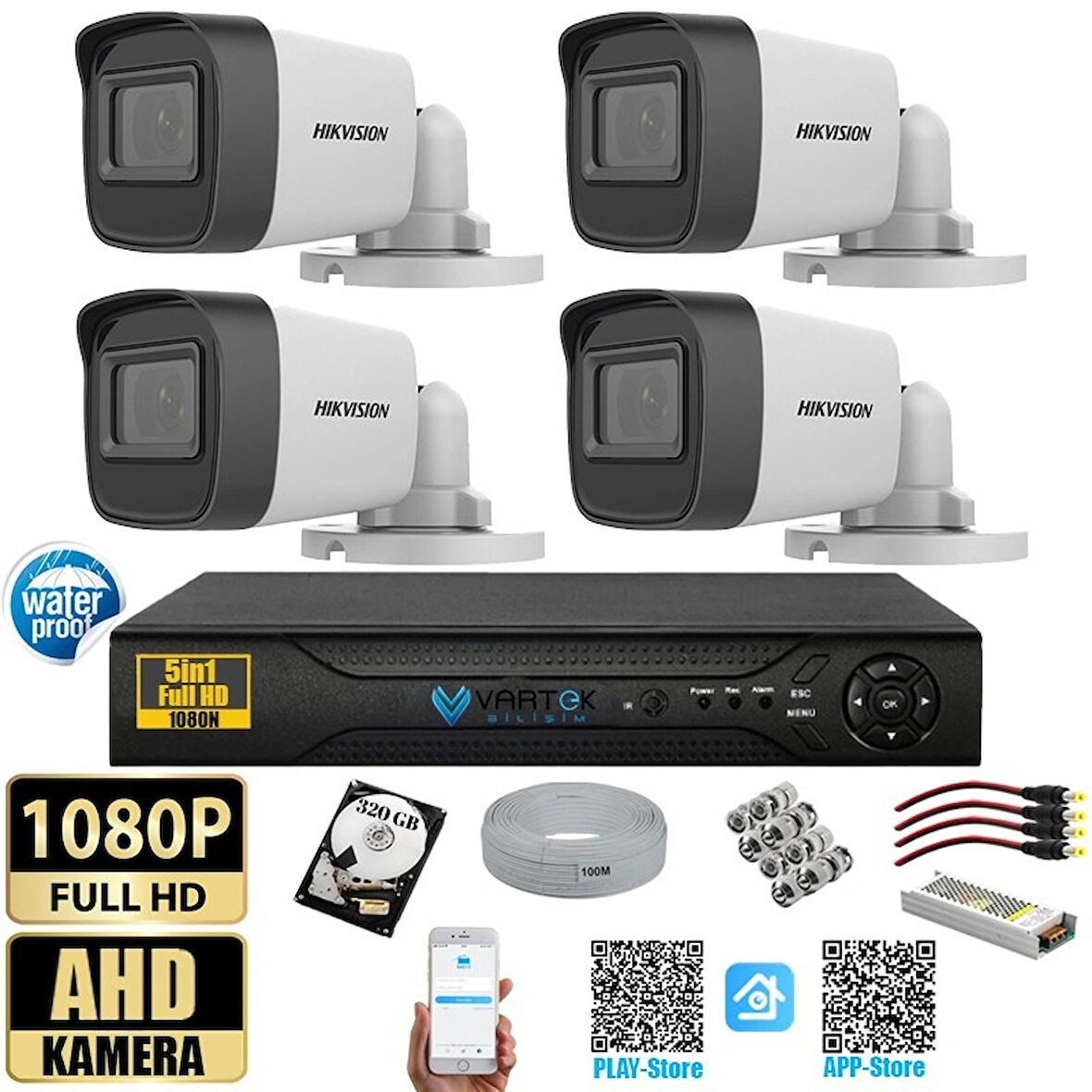 Hikvision 2 MP 4 Kameralı 320 GB HDD Tak Çalıştır  Kamera Seti