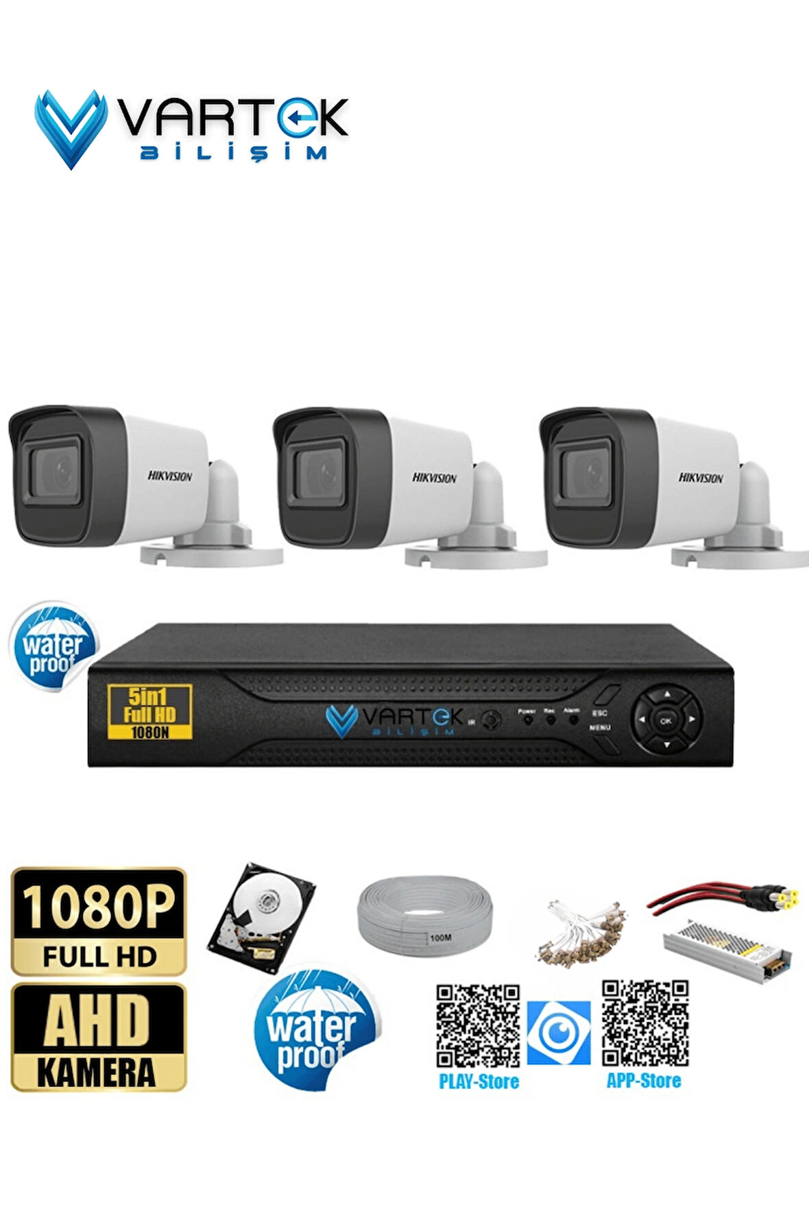 Hikvision 2 MP 3 Kameralı 500 GB HDD Tak Çalıştır  Kamera Seti