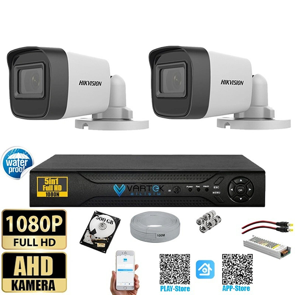 Hikvision 2 MP 2 Kameralı 500 GB HDD Tak Çalıştır  Kamera Seti