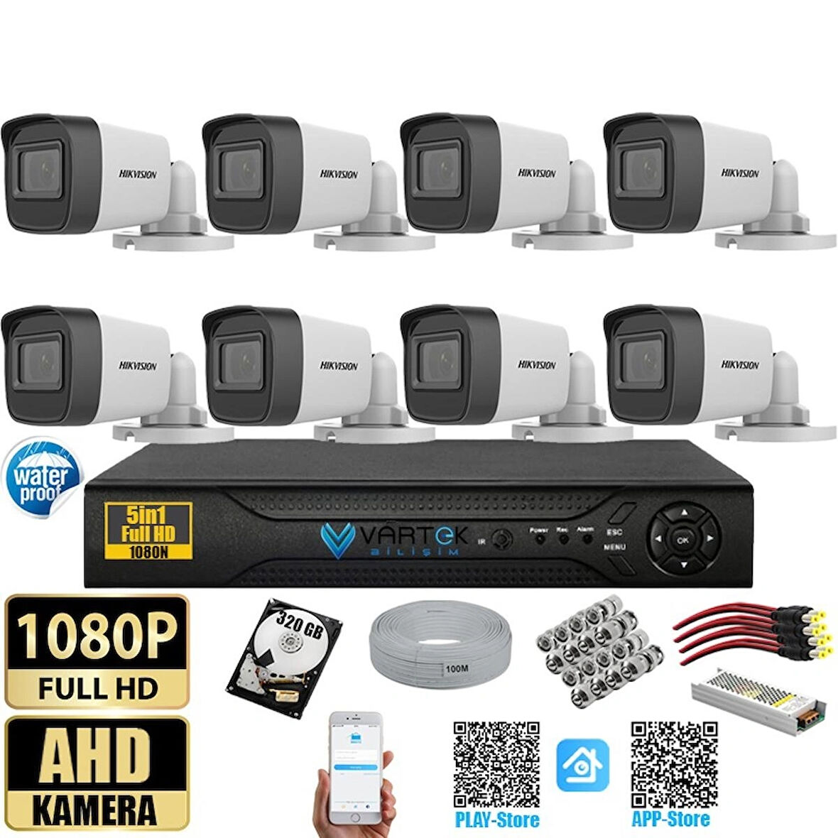 Hikvision 2 MP 8 Kameralı 320 GB HDD Tak Çalıştır  Kamera Seti