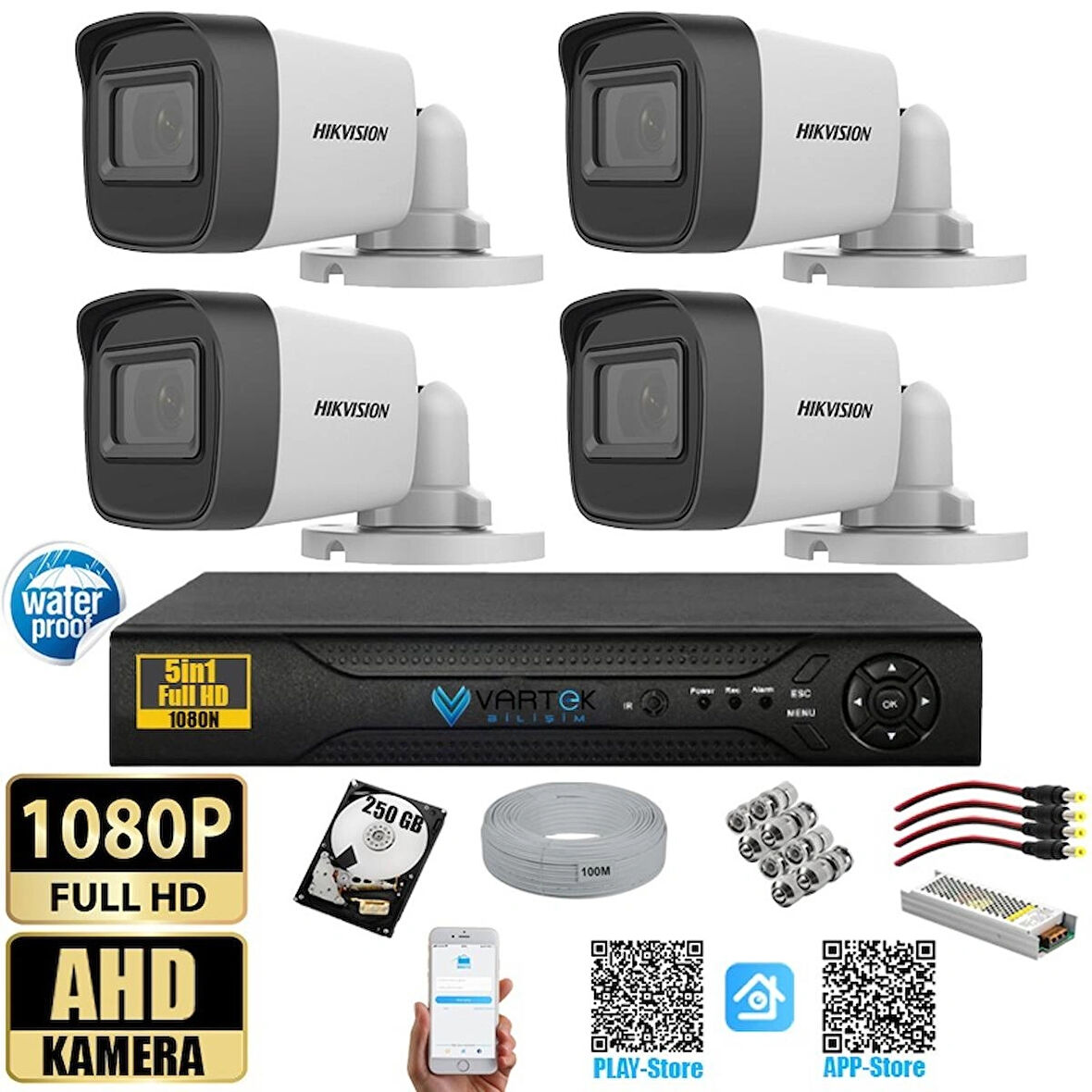 Hikvision 2 MP 4 Kameralı 250 GB HDD Tak Çalıştır  Kamera Seti