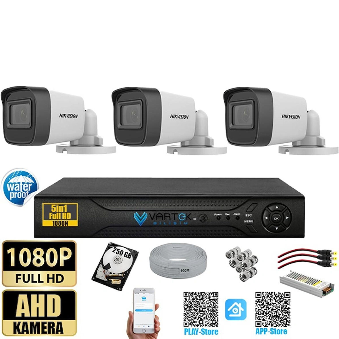 Hikvision 2 MP 3 Kameralı 250 GB HDD Tak Çalıştır  Kamera Seti