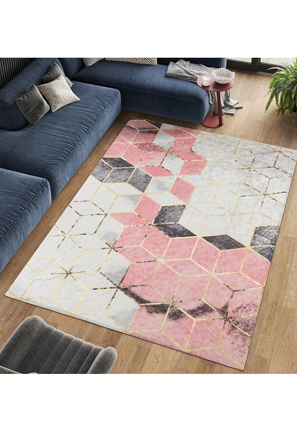 Modern Desenlerde Kadife Dokulu Lastikli Süngerli Kaymaz Yıkanabilir Halı Örtüsü