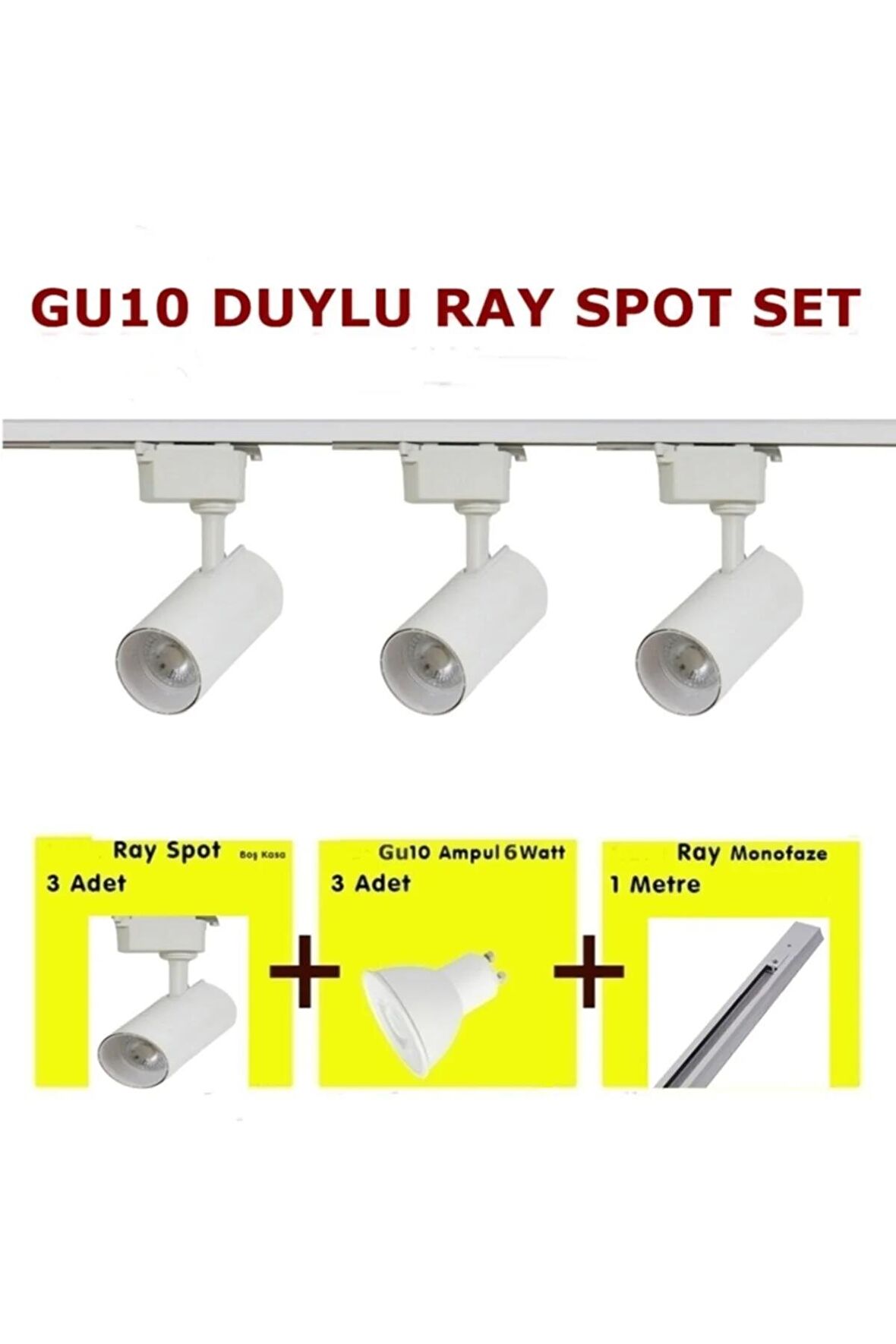 Mini Ray Spot Set Gu-10 Duylu Beyaz Kasa Sarı Işık 3 Spot Lamba 1 Mt Ray 3 Gu10 3000k Led Ampul