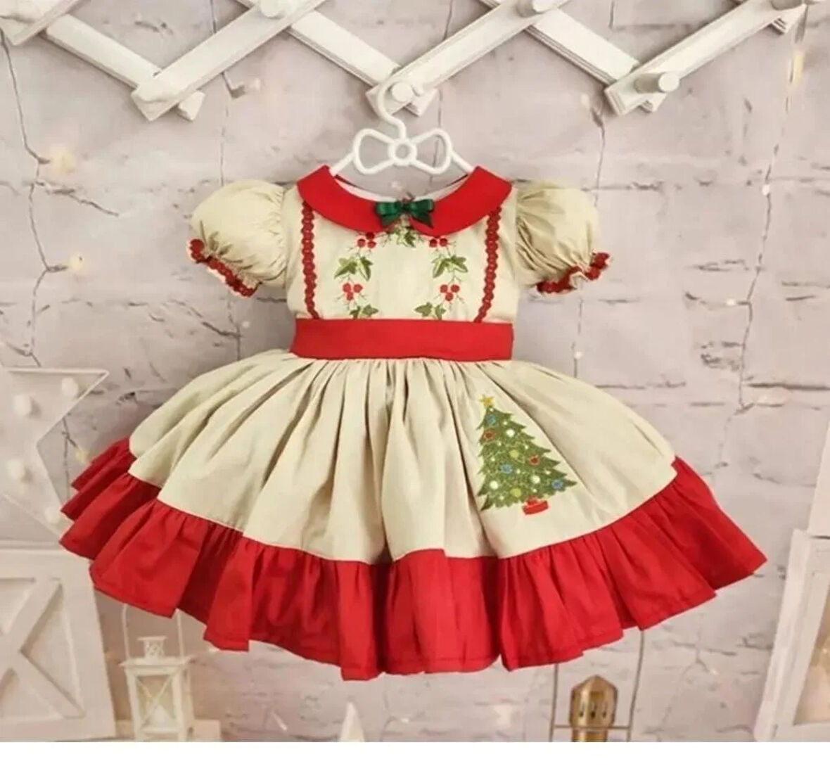 Bej Kırmızı Fırfırlı Vintage Kız Bebek Elbisesi, Özel Dikim Kız Çocuk Elbisesi, Doğum günü elbisesi, fotoğraf çekim elbisesi, Kız Bebek Hediyesi, 0-12 Yaşa Uygun