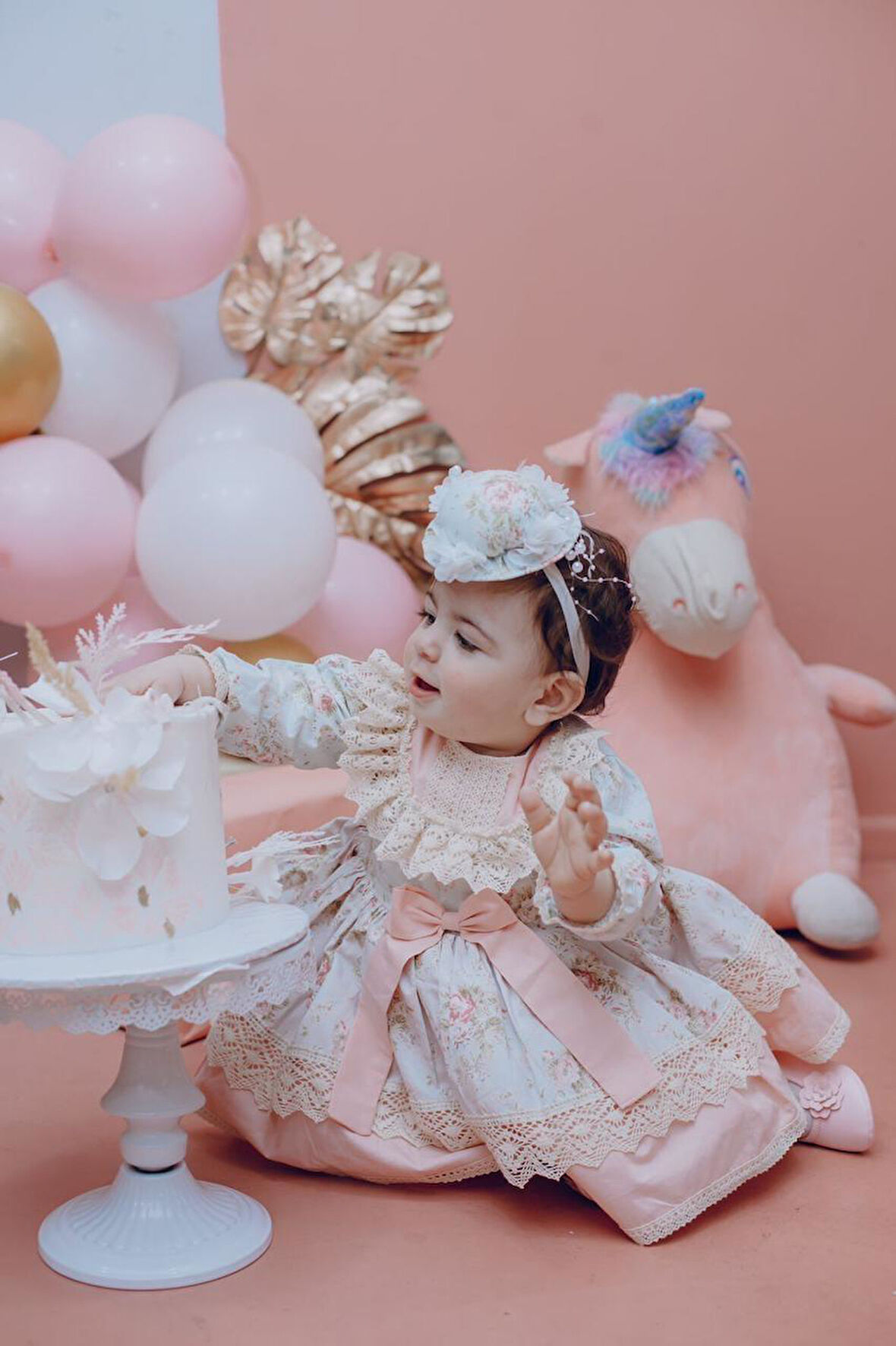 Mint Yeşili Somon Güllü Vintage Bebek Elbise,Doğum günü elbise,fotoğraf çekim elbise,0-12 Yaş Uygun