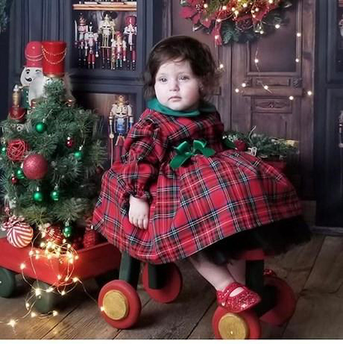 Yeşil Yakalı Ekose Kız Bebek Elbisesi,fotoğraf çekim elbisesi, 0-12 Yaşa Uygun