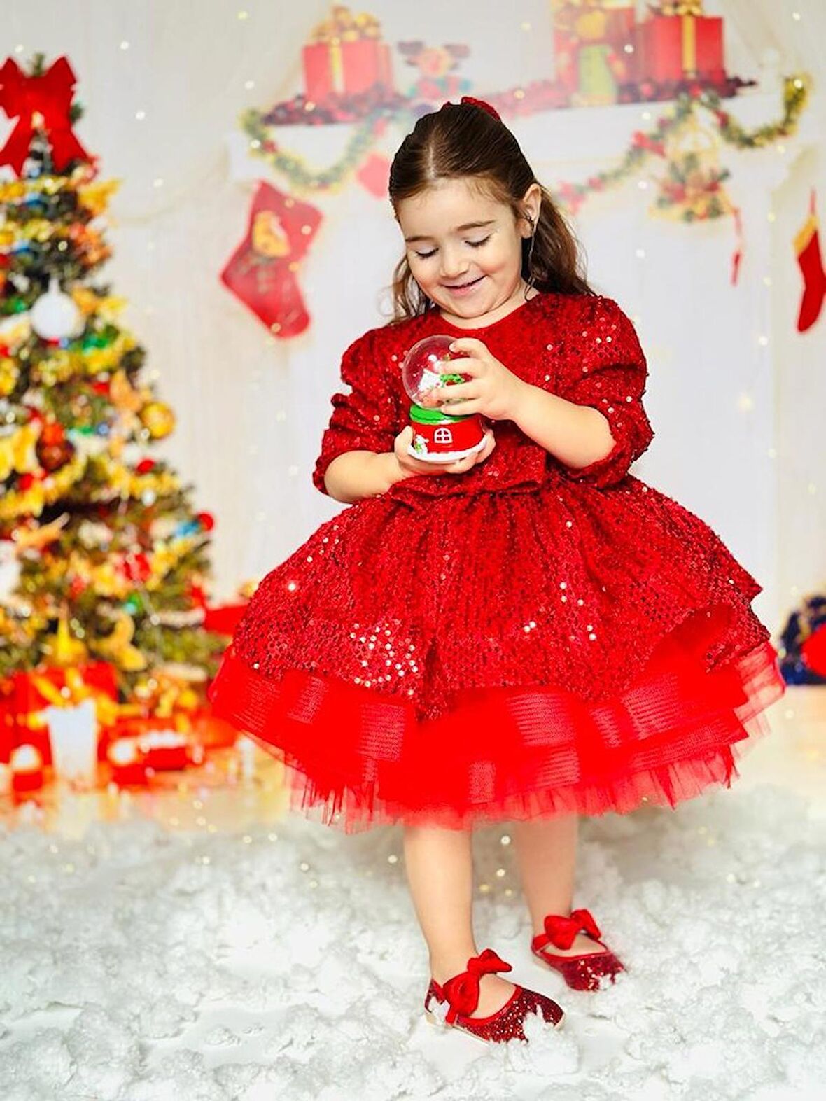 Kırmızı Pullu Kız Bebek Elbisesi,Doğum günü elbise,fotoğraf çekim elbise,0-10 Yaş Uygun