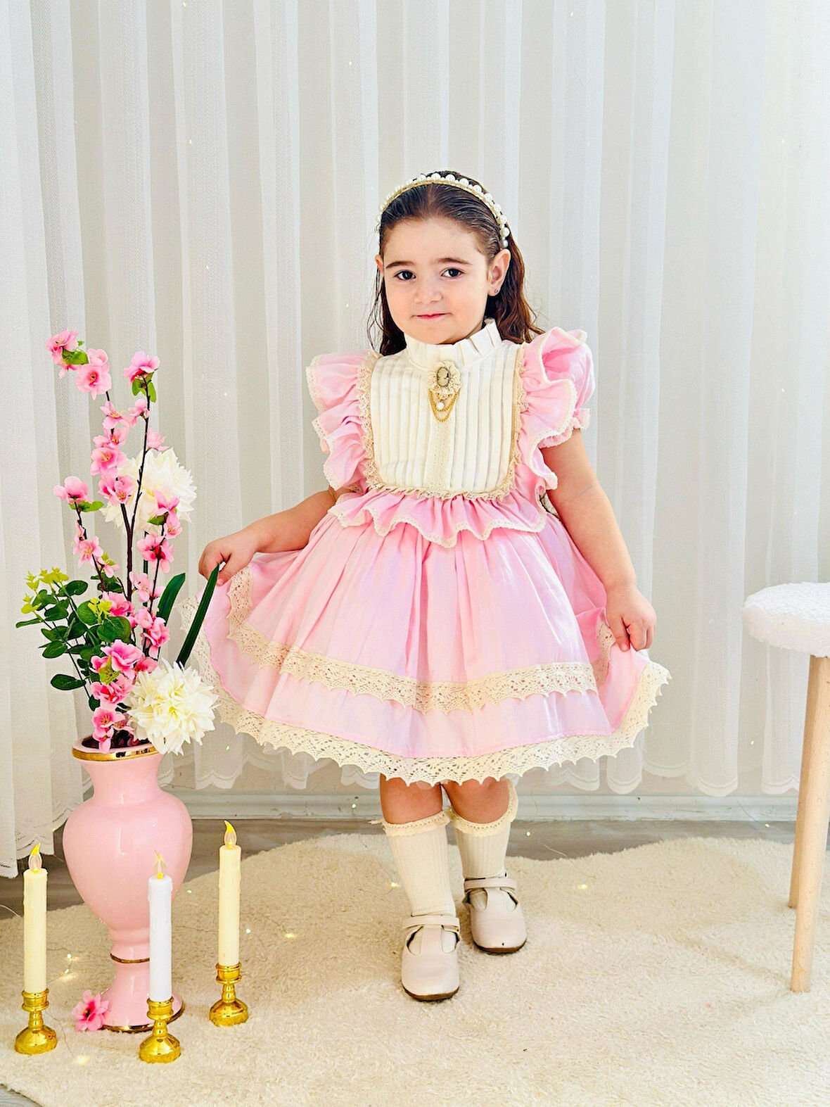 Pembe Krem Vintage Kız Bebek Elbisesi,Doğum günü,fotoğraf çekim elbise,0-12 Yaş Uygun