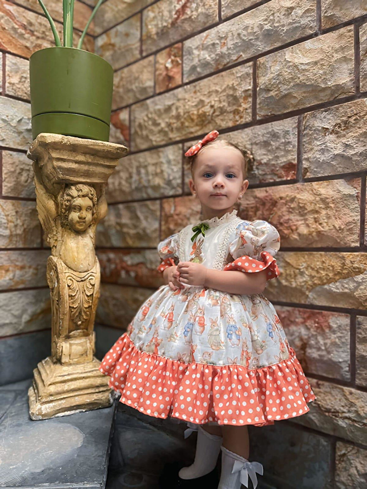 Turuncu Tavşanlı Vintage Kız Bebek Elbisesi, Özel Dikim Kız Çocuk Elbisesi, Doğum günü elbisesi, fotoğraf çekim elbisesi, Kız Bebek Hediyesi, 0-12 Yaşa Uygun