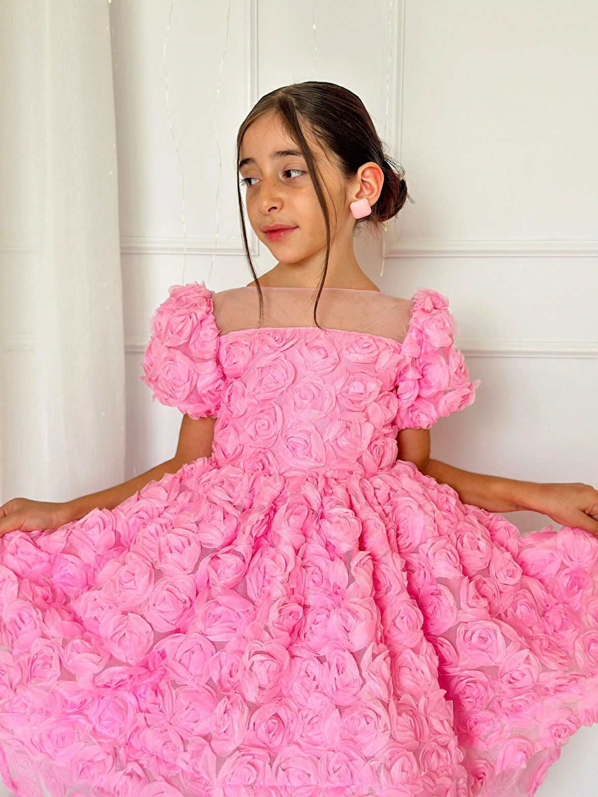 Pembe Güllü Diana Vintage Kız Bebek Elbise,Doğum günü elbise,fotoğraf çekim elbise,0-12 Yaş Uygun