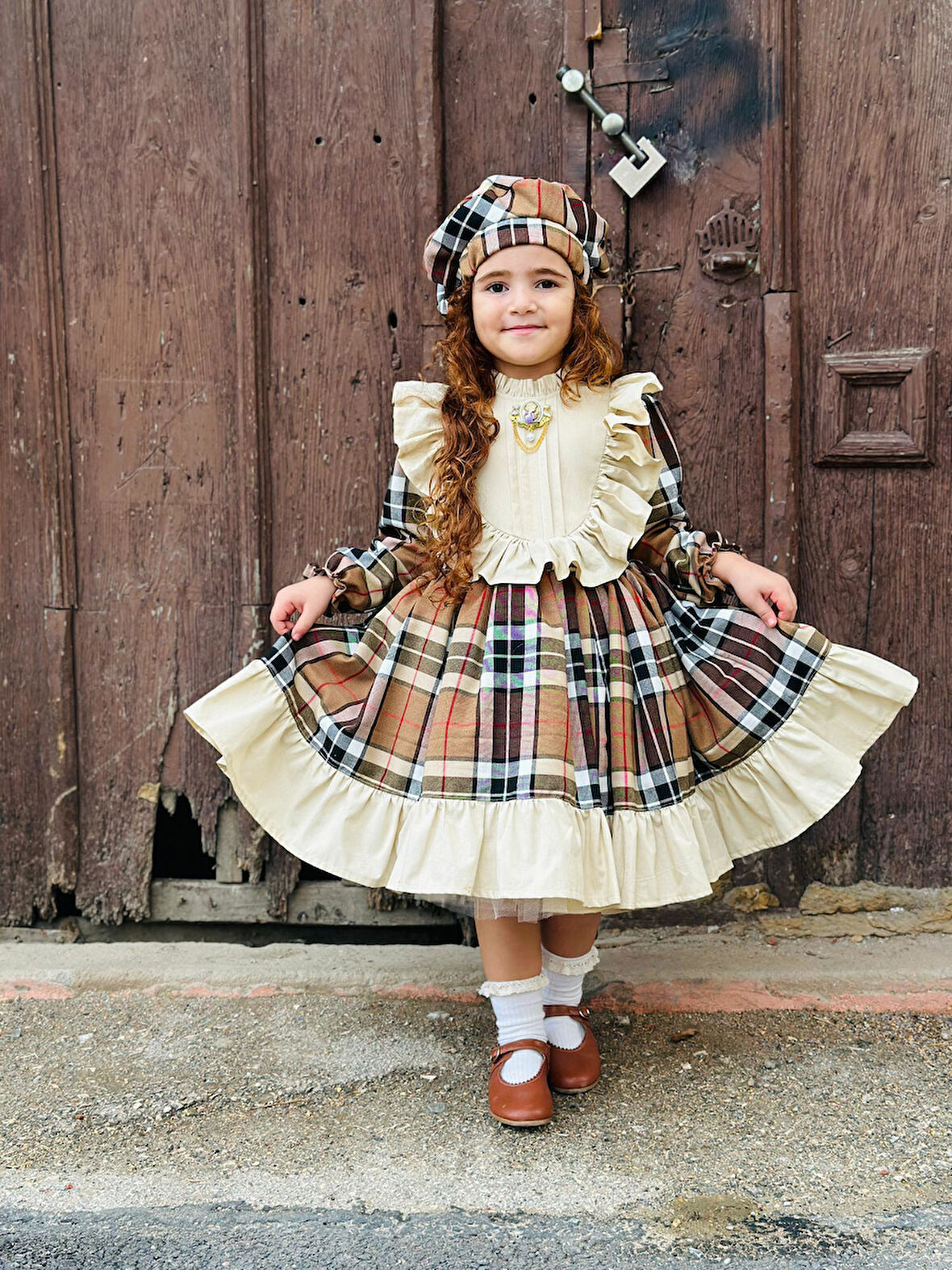 Kapiçino Kareli Ekose Kız Bebek Elbisesi, Doğum günü elbisesi, fotoğraf çekim elbisesi,0-12 Yaşa Uygun