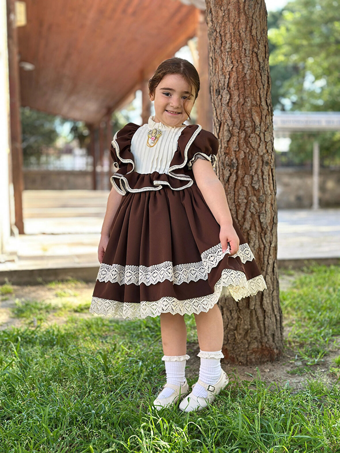 Verona Kahverengi Vintage Kız Bebek Elbisesi, Doğum günü elbisesi, fotoğraf çekim elbisesi,0-13 Yaşa Uygun