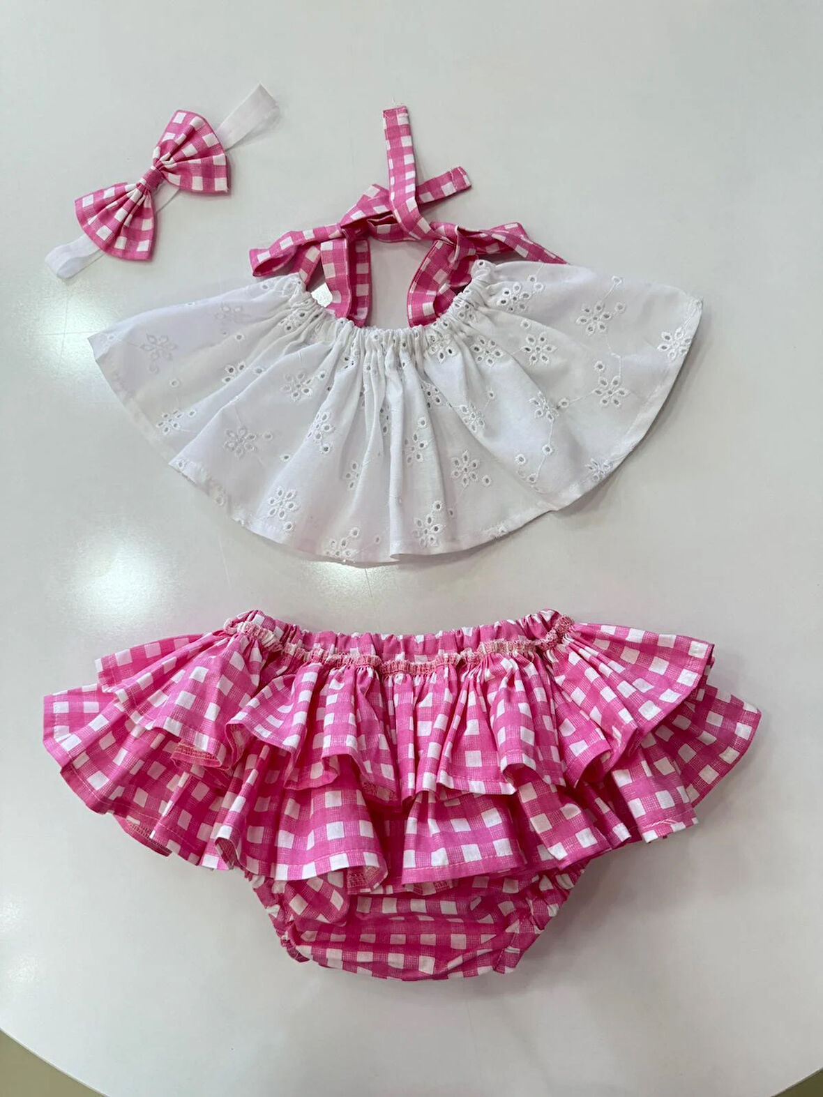 Pembe Kareli Crop Takım Kız Bebek Elbise,Doğum günü elbise,fotoğraf çekim elbise,0-7 Yaş Uygun