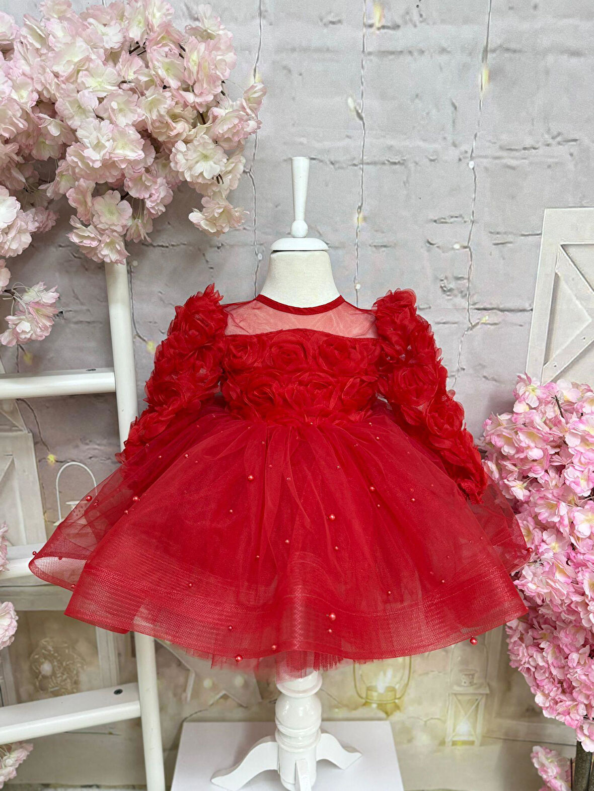 Kırmızım Karanfil Vintage Kız Bebek Elbise,Doğum günü elbise,fotoğraf çekim elbise,0-12 Yaş Uygun