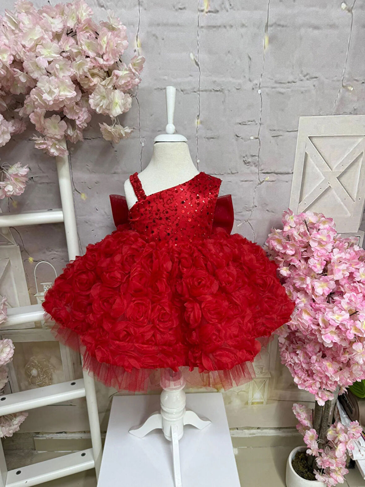 Askılı Alya Kırmızı Vintage Kız Bebek Abiyesi,Doğum günü elbise,fotoğraf çekim elbise,0-12 Yaş Uygun