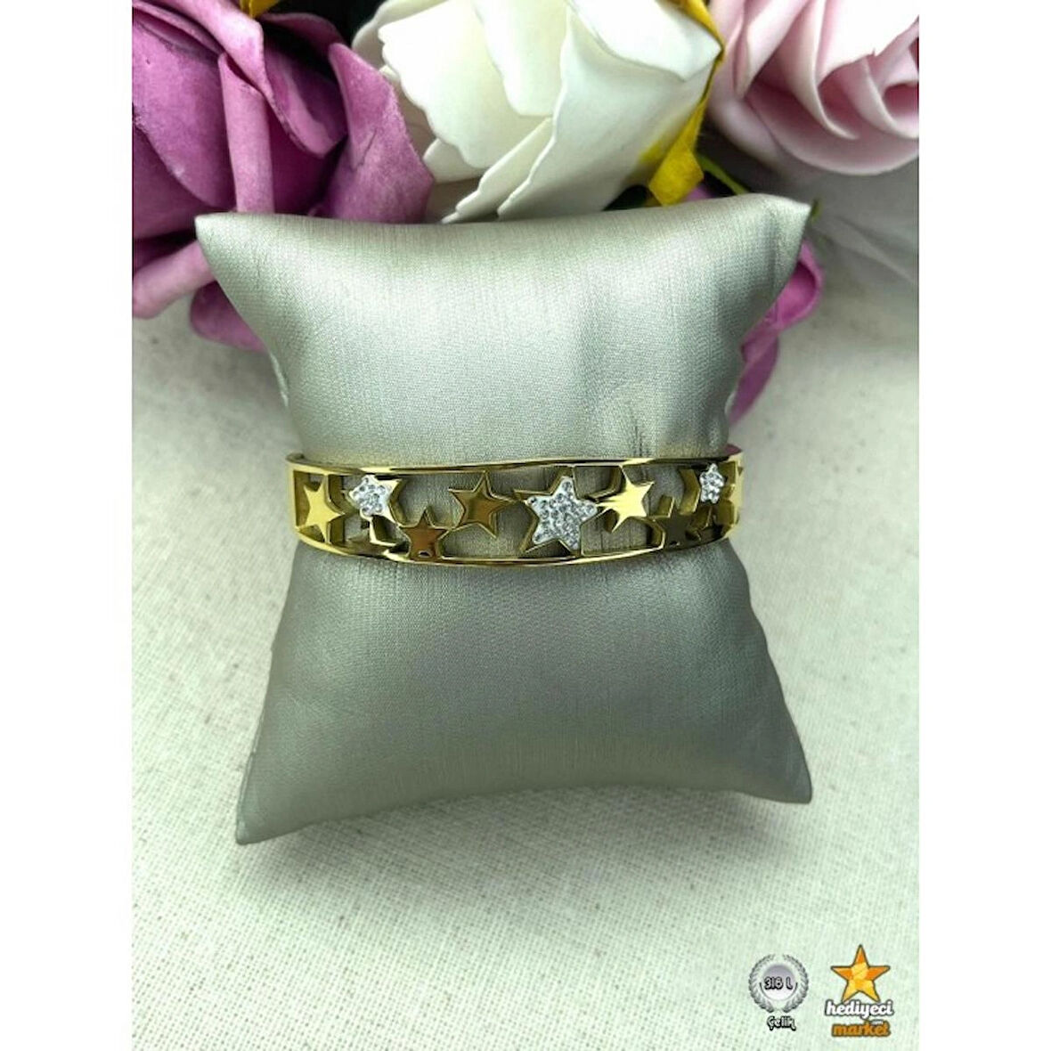 316 L Yıldız Detaylı Bohem Gold Çelik Bileklik - HMÇB-0020