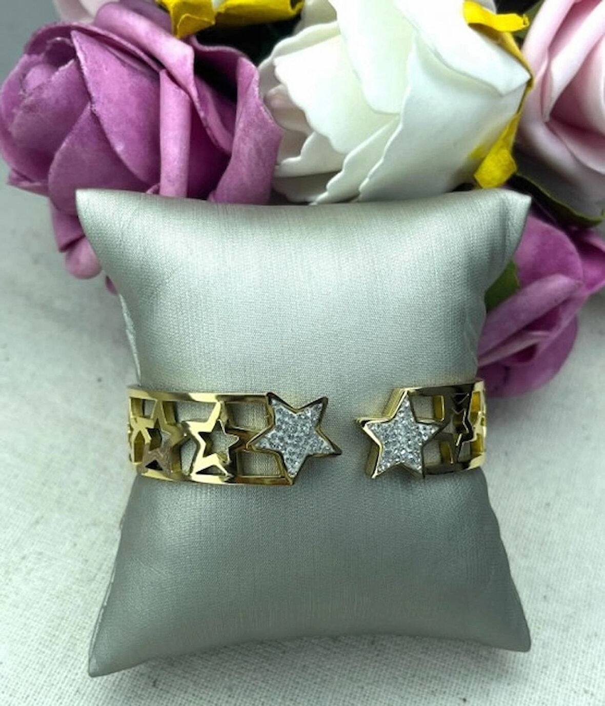 316 L Gold Zirkon Detay Yıldız Tasarım Kalın Çelik Kelepçe Bileklik - HMÇB-0023