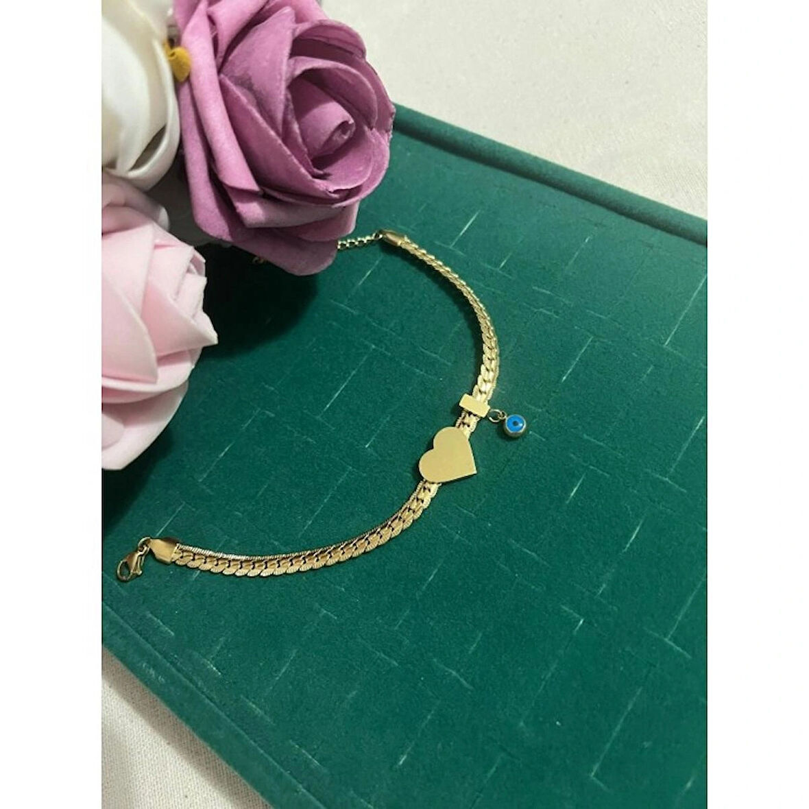 316 L Çelik Gold Yassı Zincir Model Kalp Figür Nazar Boncuk Detay Çelik Kadın Bileklik - HMÇB-0078
